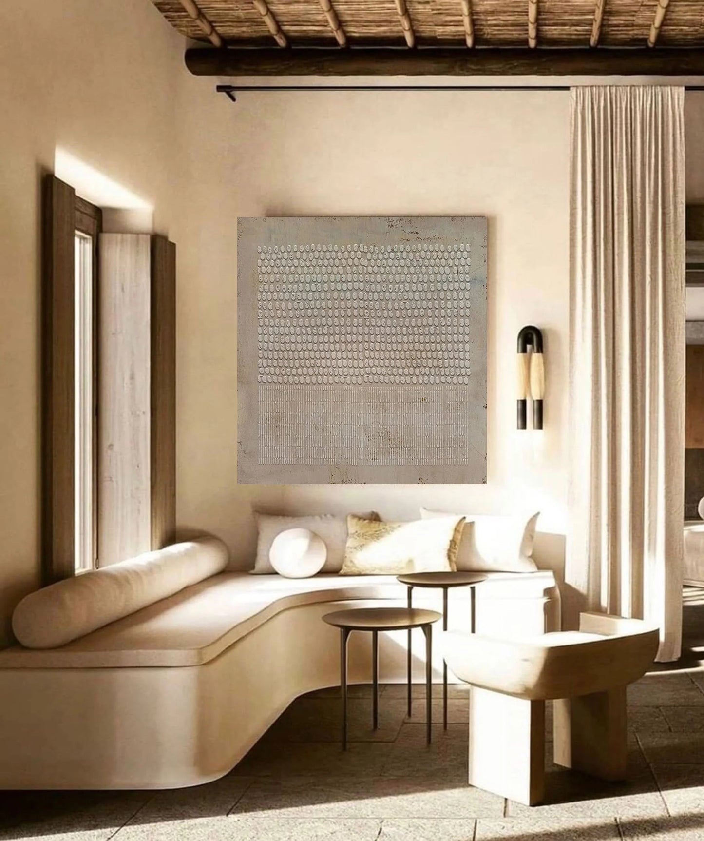 Wabi-Sabi wall art creating peaceful atmosphere in bright interior.
