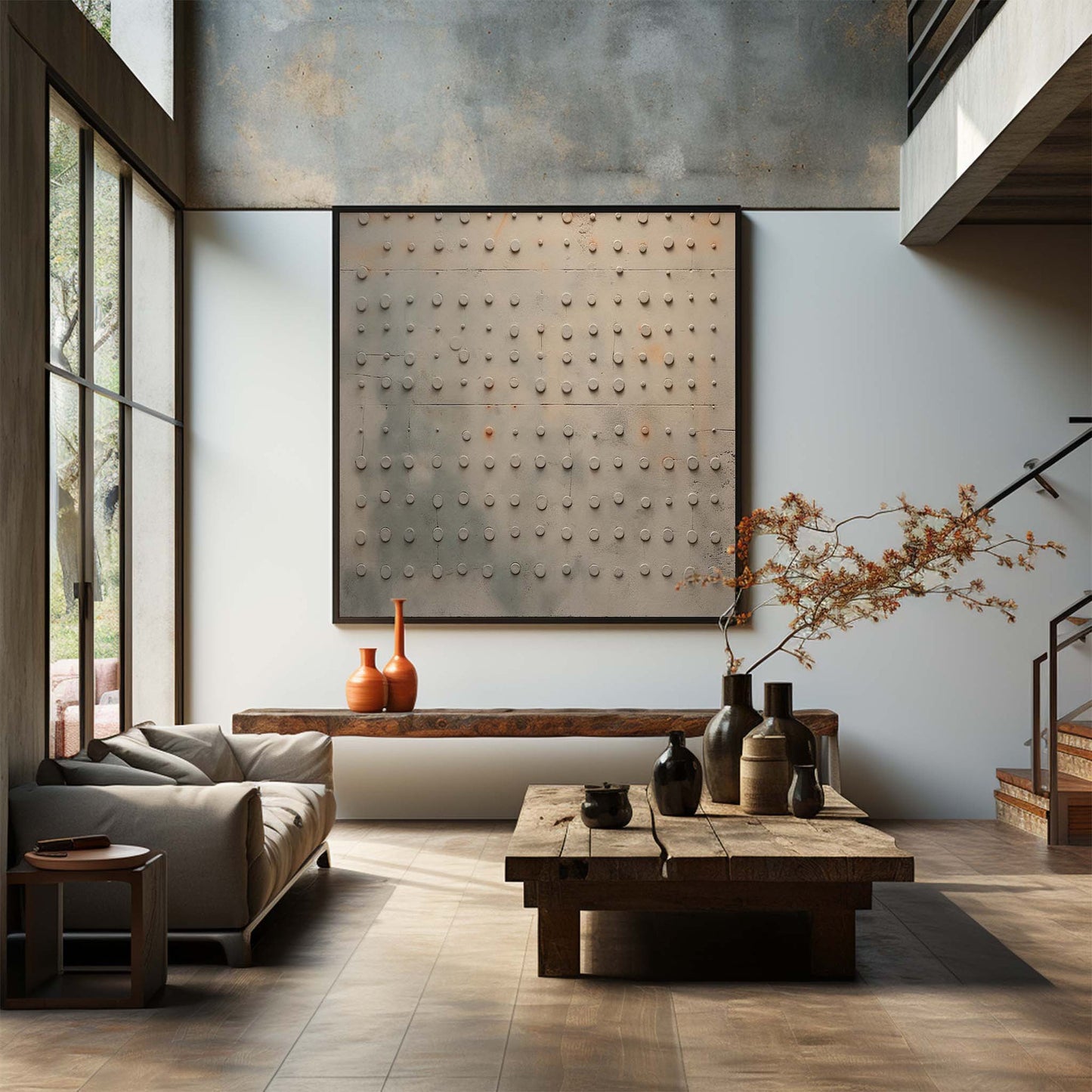 Modern hand-painted abstract dot design on stretched canvas