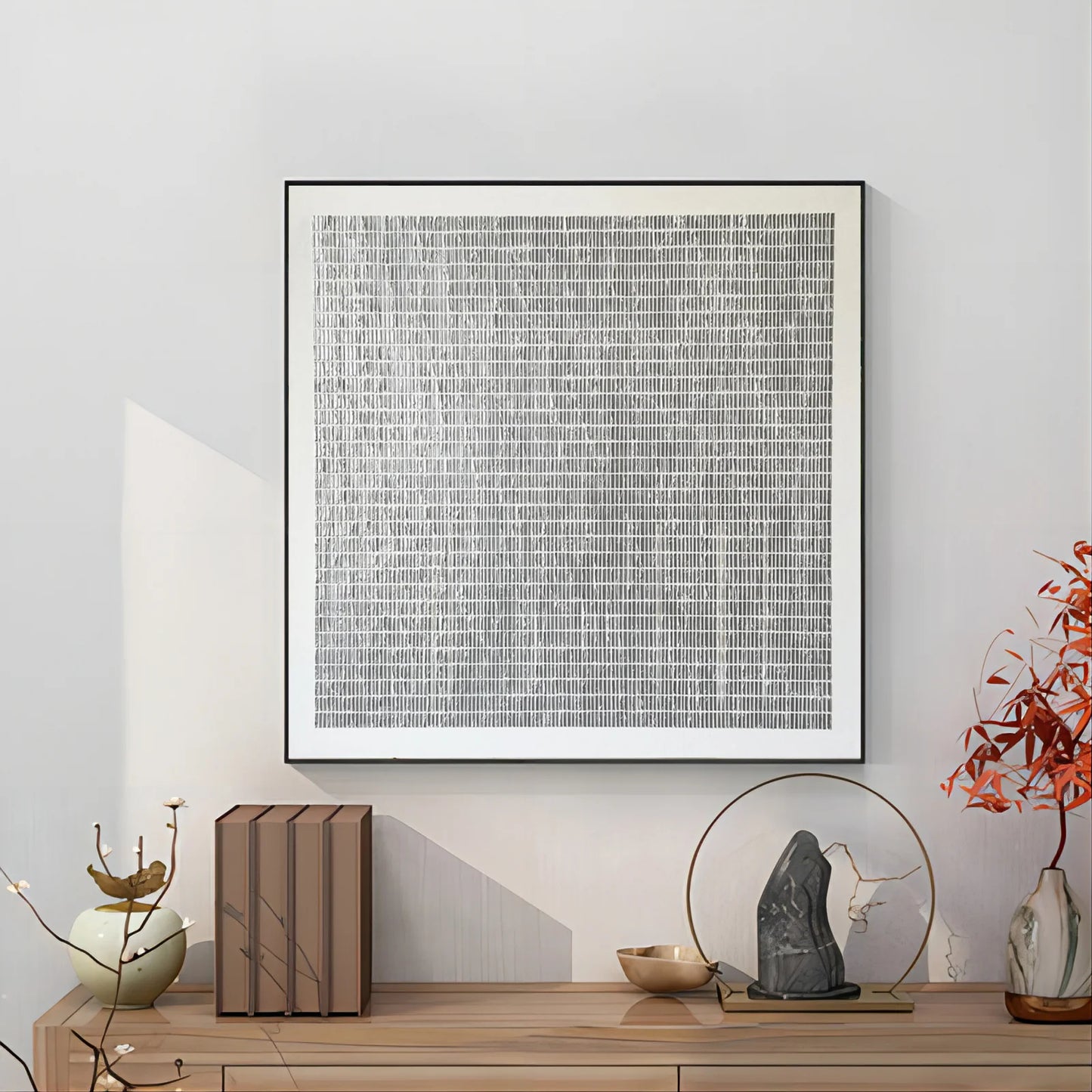 Wabi-Sabi canvas artwork displayed in modern dining room interior