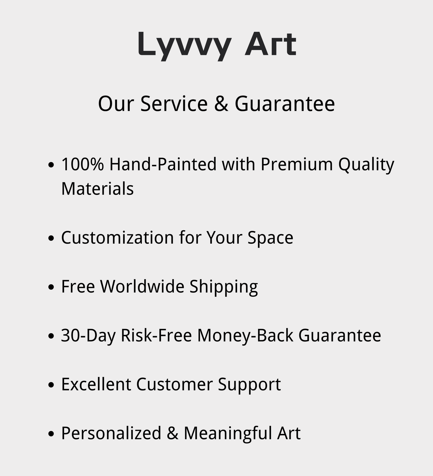 Service guarantee for abstract wall art: hand-painted, customization, worldwide shipping, and customer support.