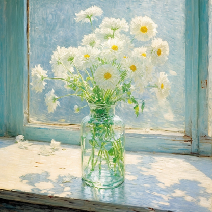 Sunlit Daisy Bouquet in Glass Vase - Bright Floral Window Art