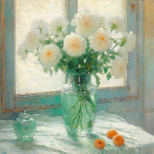 White Roses by the Window - Classic Still Life Oil Painting