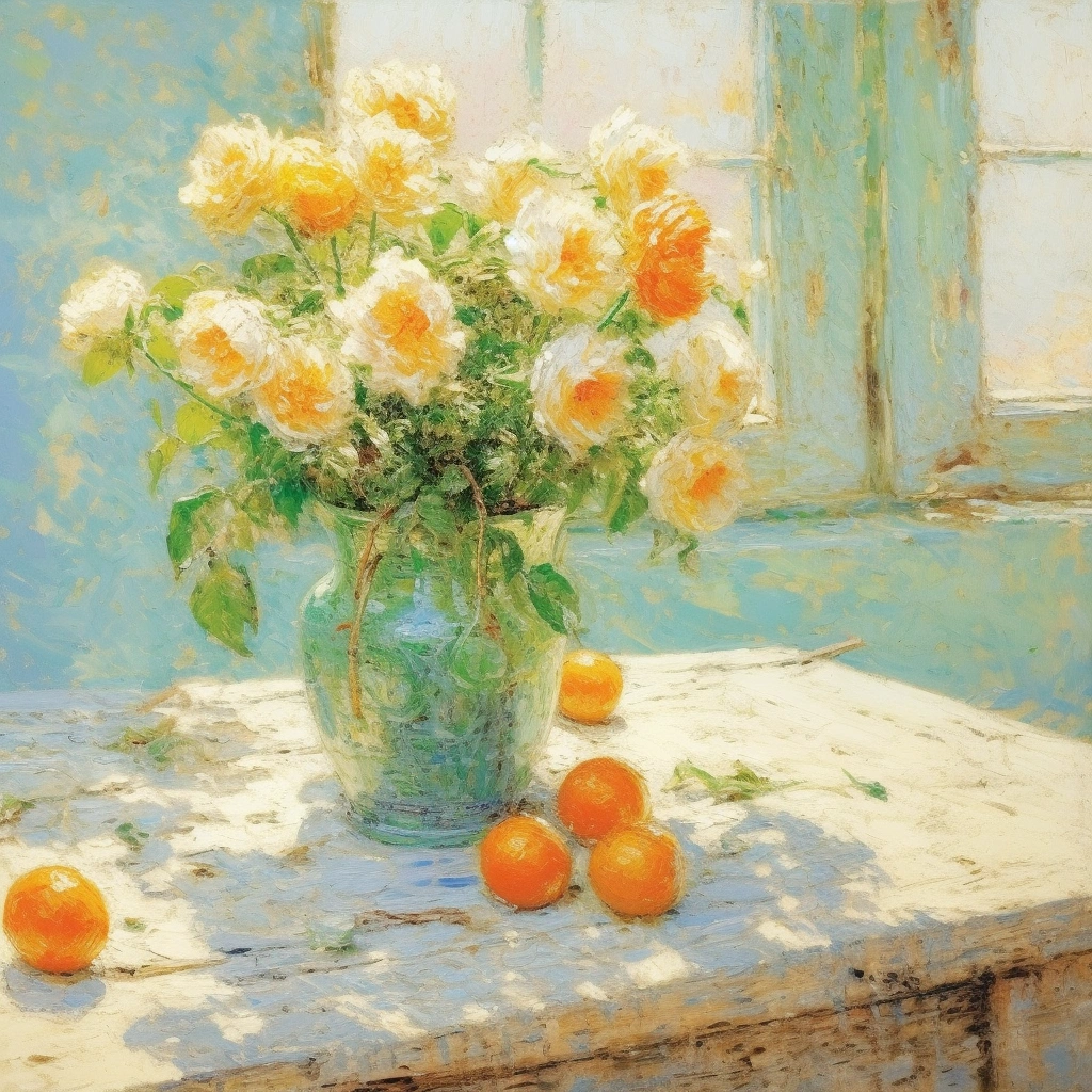 Yellow Peonies and Oranges Still Life - Vintage Floral Art