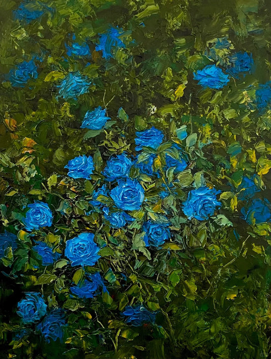 Serene Blue Roses Oil Painting – Lush Floral Canvas Art