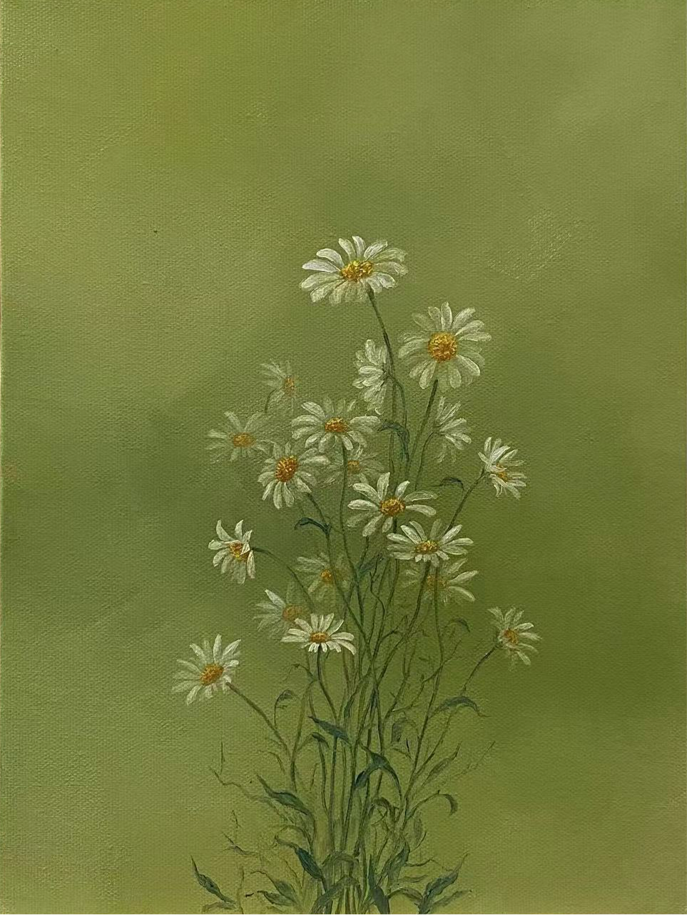 Serene Green Floral Oil Painting - Hand-Painted Daisies on Canvas