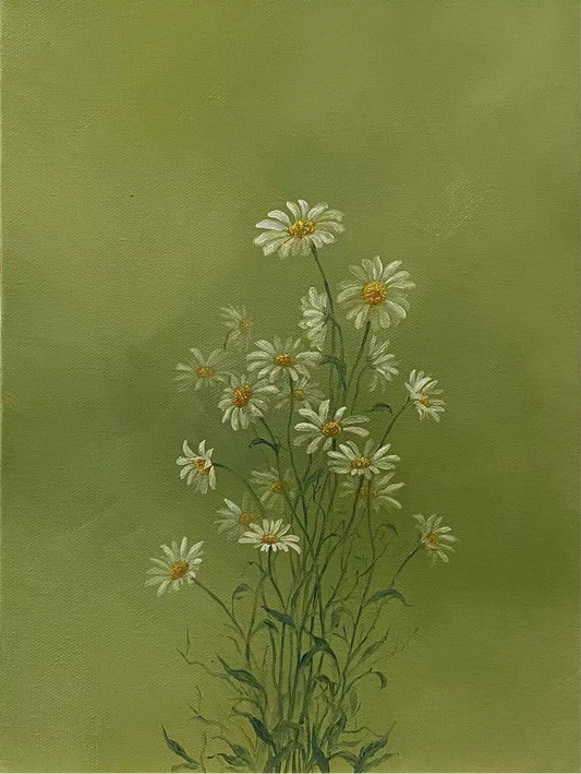 Serene Green Floral Oil Painting - Hand-Painted Daisies on Canvas