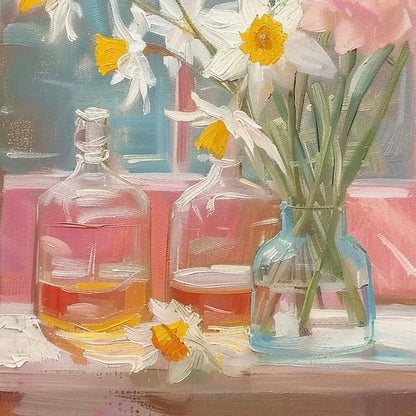 Daffodils in Glass Bottles - Pastel Still Life Oil Painting