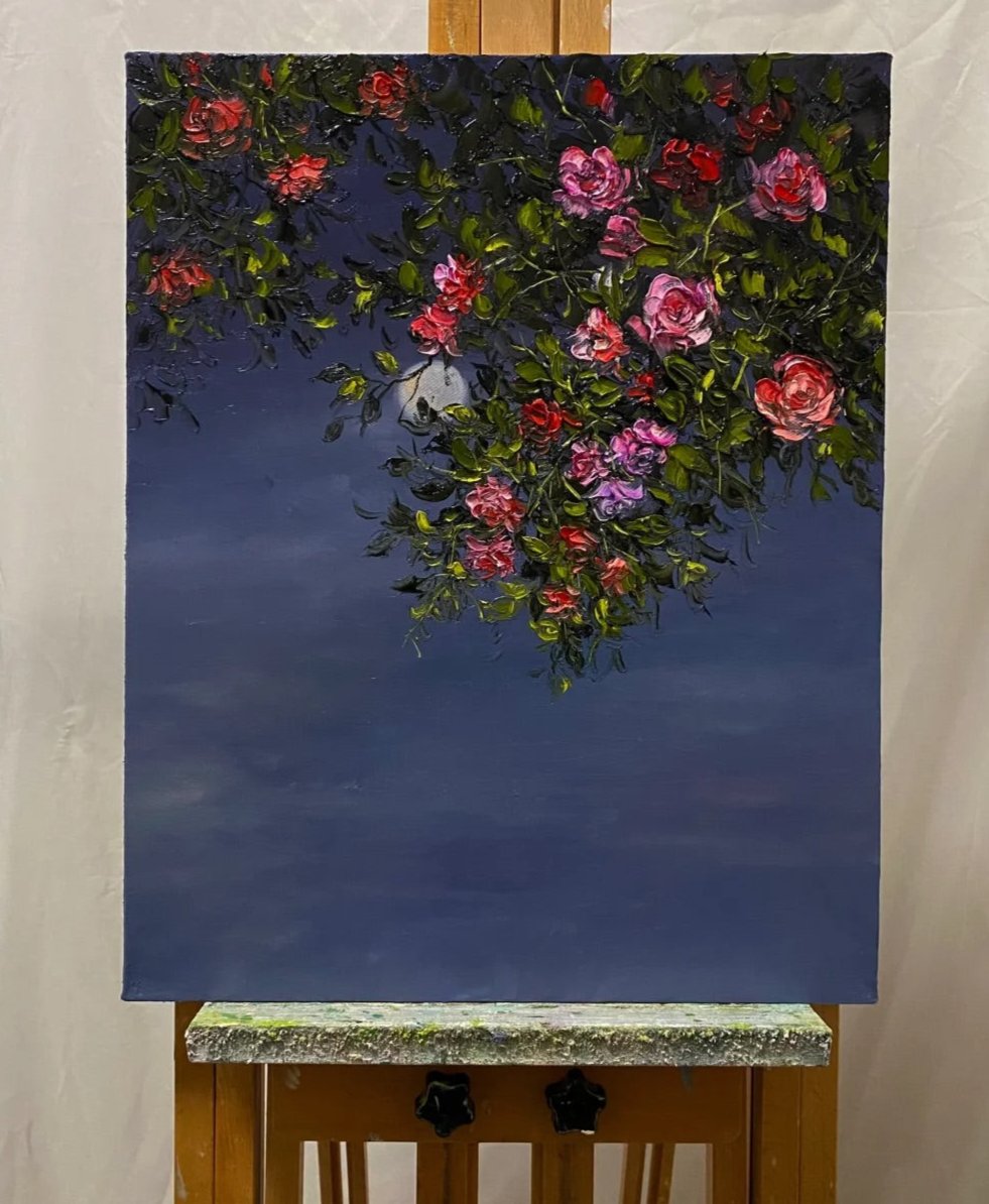 Moonlit Blossom Oil Painting – Night Sky Floral Canvas