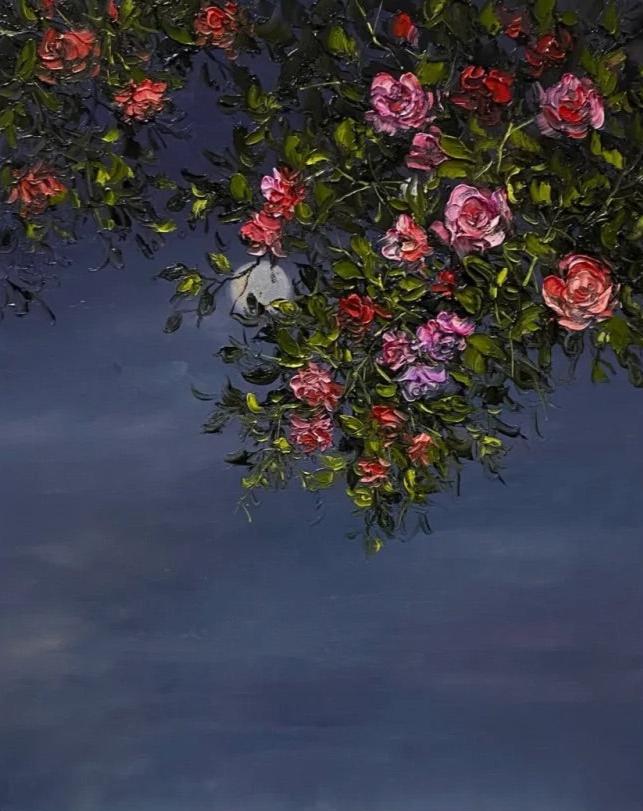 Moonlit Blossom Oil Painting – Night Sky Floral Canvas