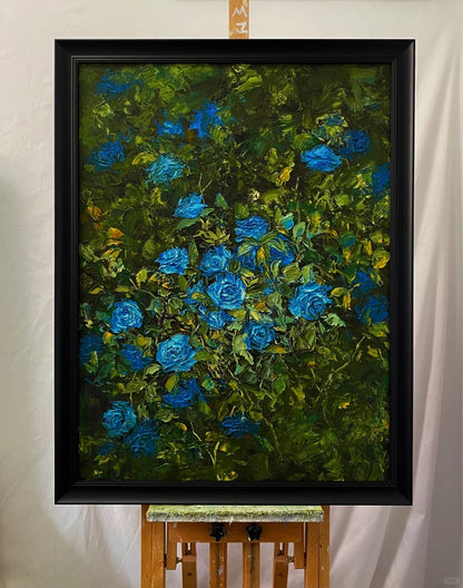 Serene Blue Roses Oil Painting – Lush Floral Canvas Art