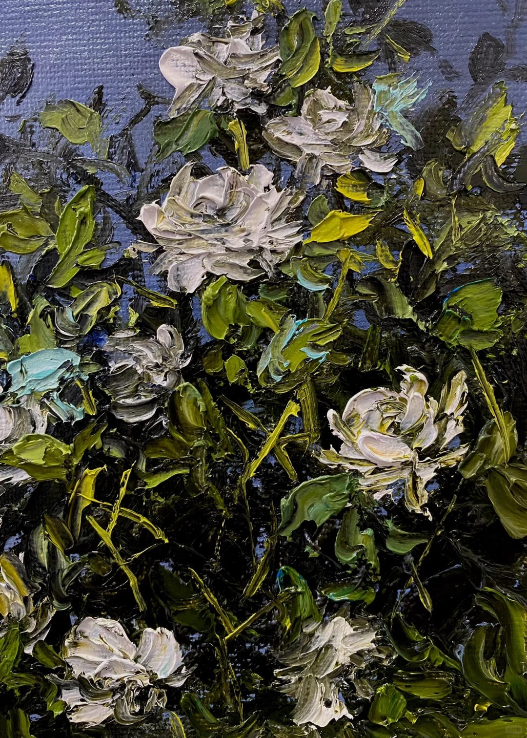 Moonlit White Roses Oil Painting – Night Garden Canvas