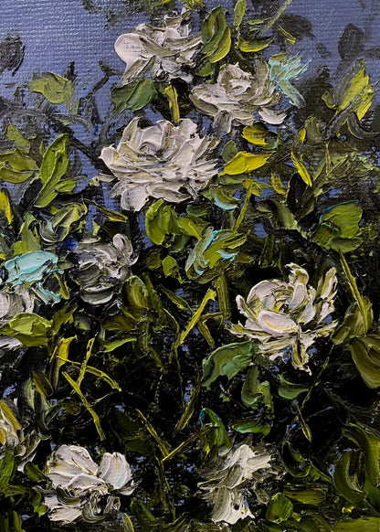 Moonlit White Roses Oil Painting – Night Garden Canvas