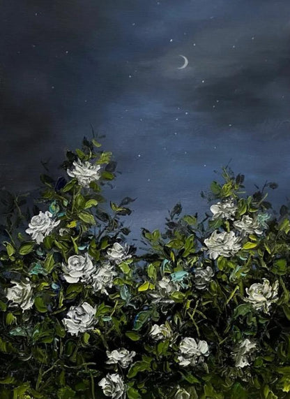 Moonlit White Roses Oil Painting – Night Garden Canvas