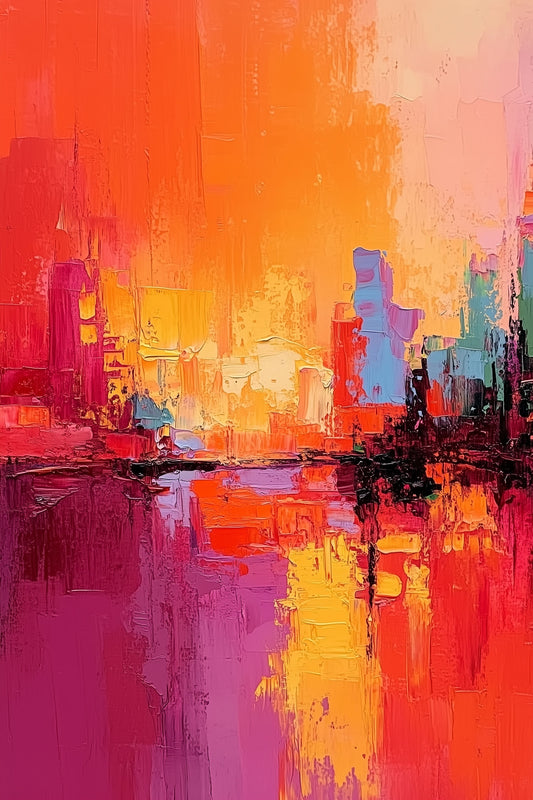 Fiery Cityscape - Abstract Sunset Urban Skyline Painting