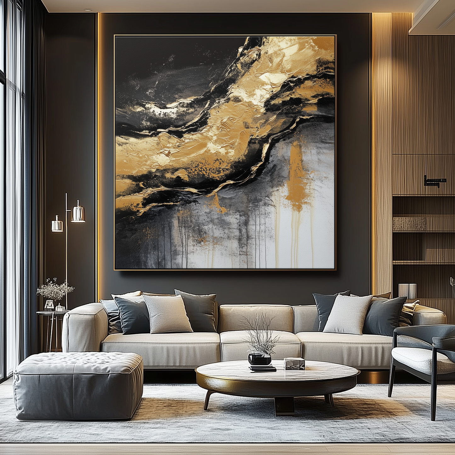 Golden Flow – Black and Gold Abstract Textured Oil Painting