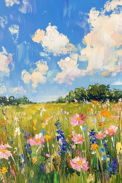 Spring Wildflower Meadow Under Blue Sky - Colorful Impressionist Art