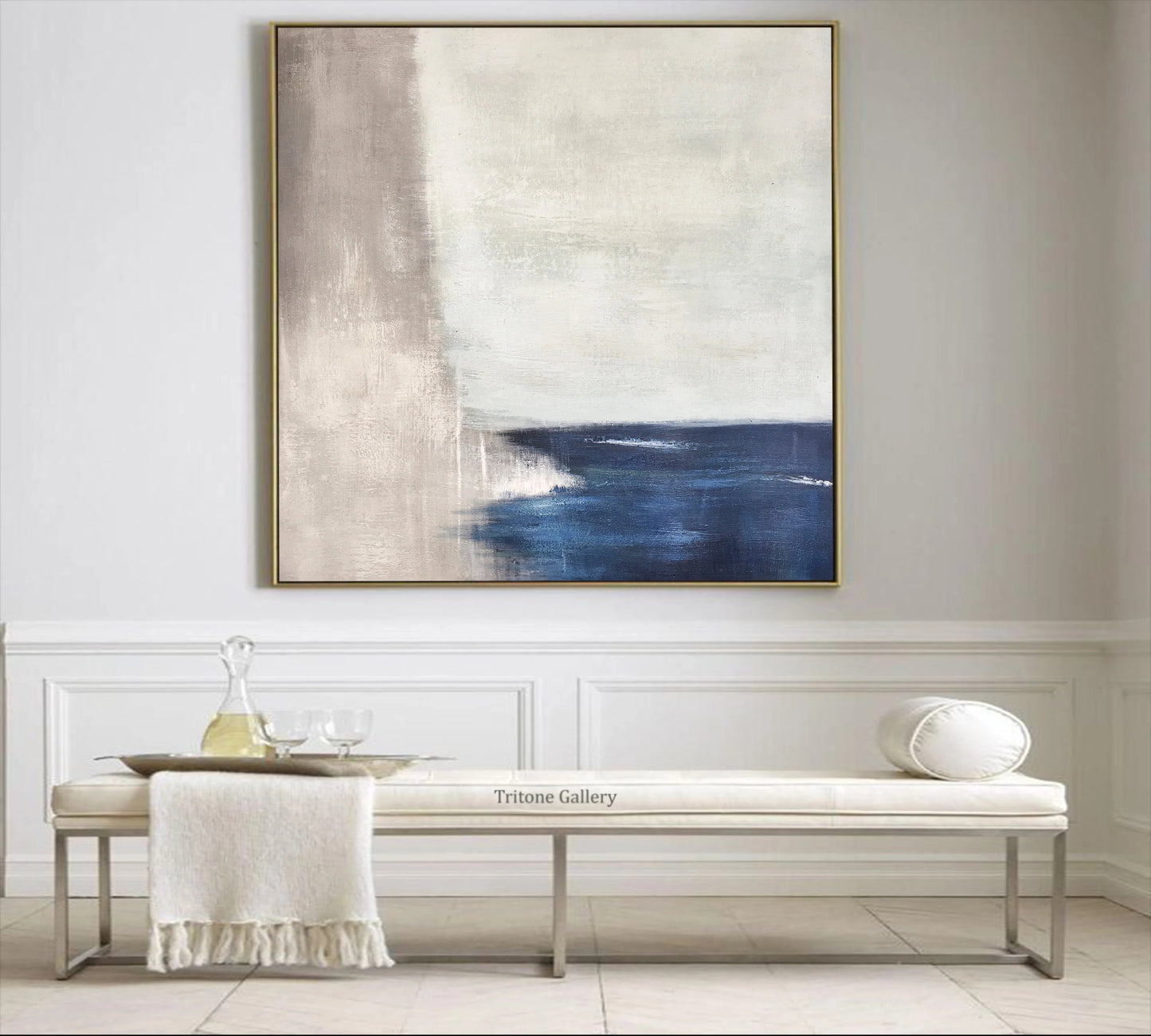 Minimalist Abstract Blue and Beige Acrylic Painting