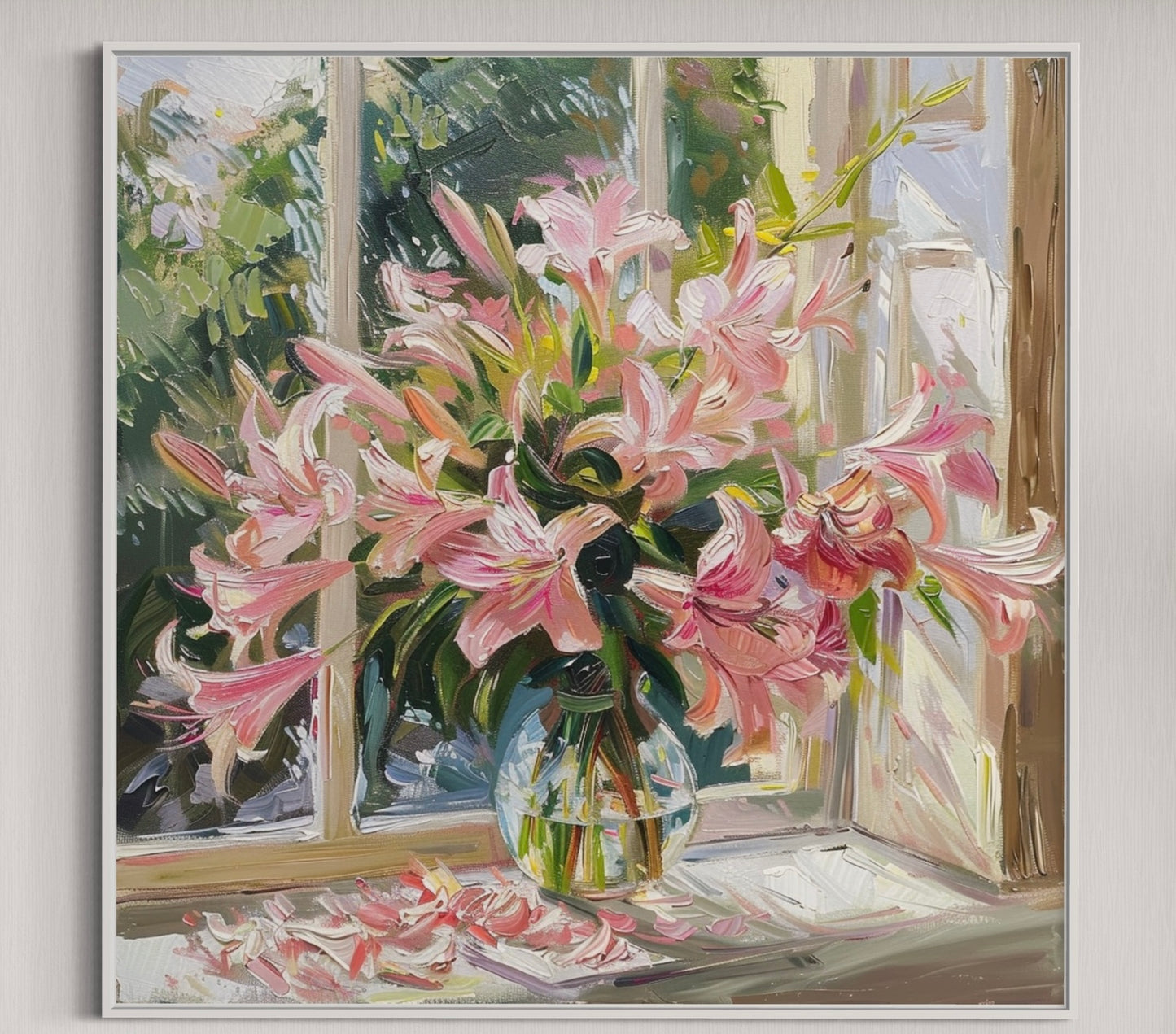 Pink Lilies in Sunlit Window - Elegant Floral Oil Painting