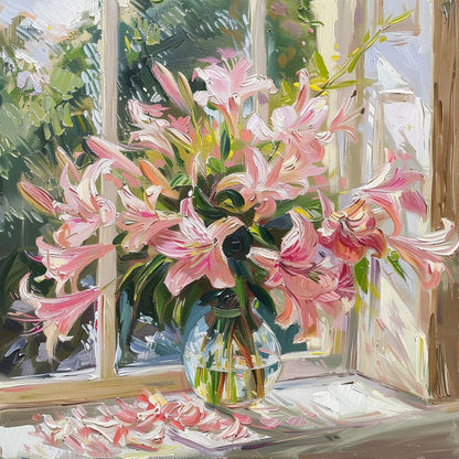 Pink Lilies in Sunlit Window - Elegant Floral Oil Painting