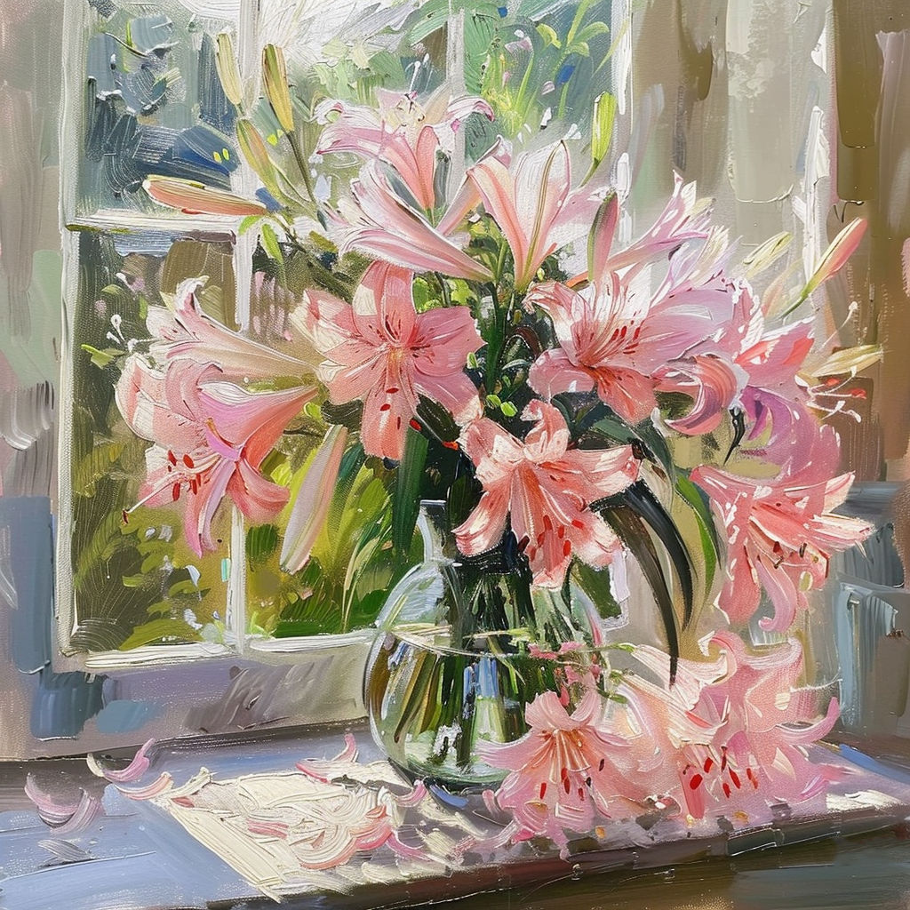 Vibrant Pink Lilies Bouquet - Window Still Life Artwork