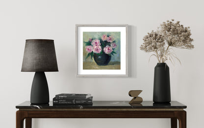 Soft Pink Roses in Dark Vase Oil Painting