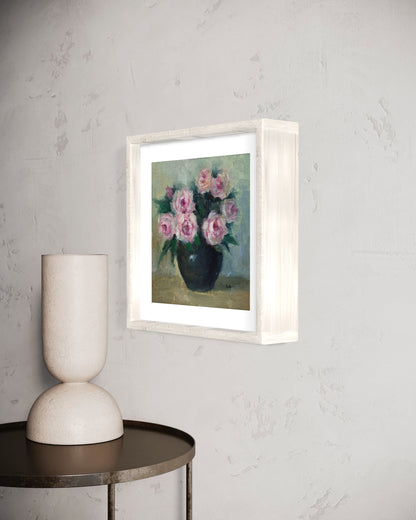 Soft Pink Roses in Dark Vase Oil Painting