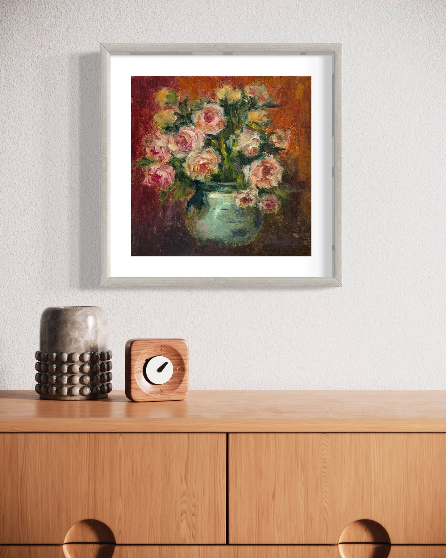 Classic Pink Roses in Blue Vase Oil Painting