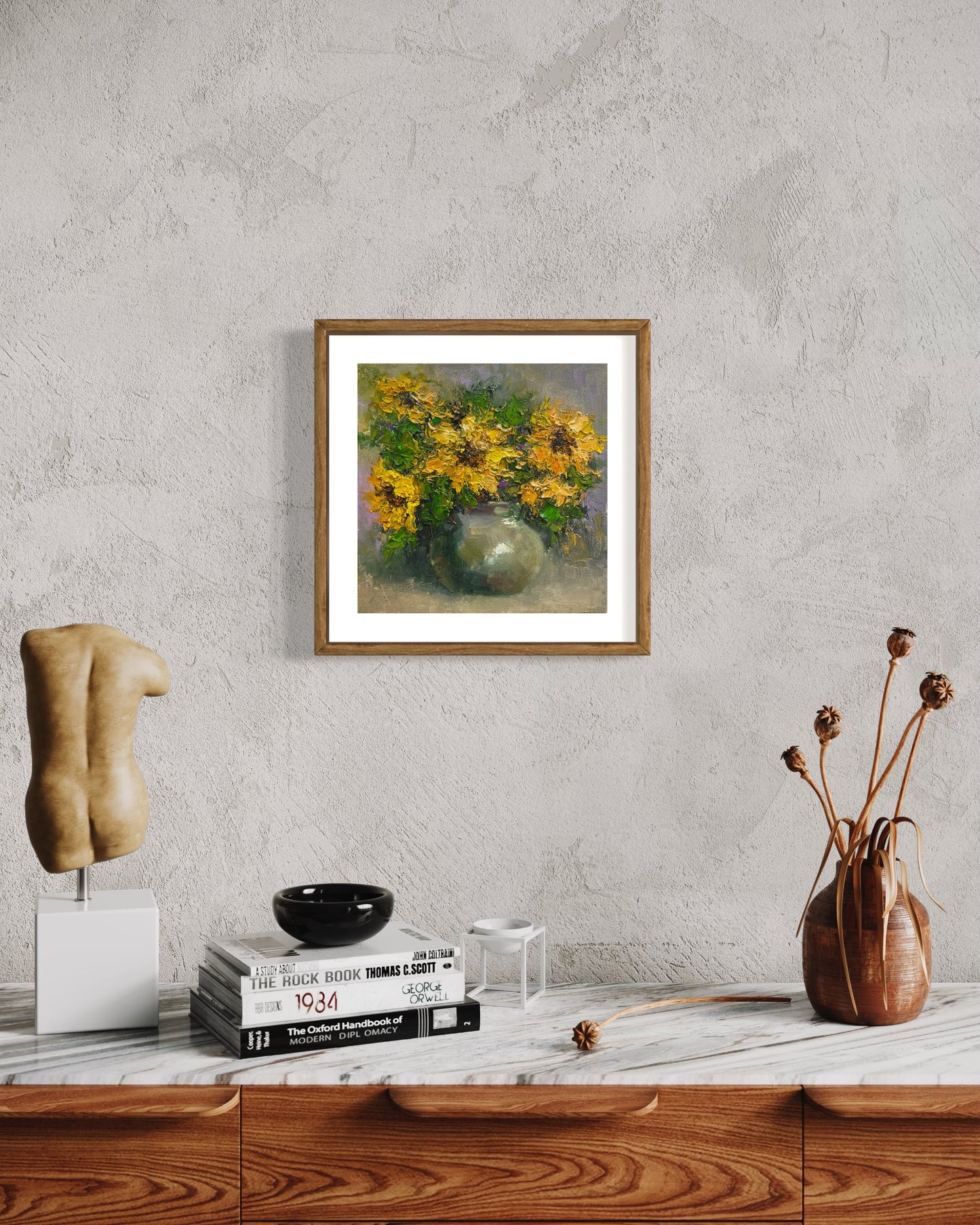 Bright Yellow Flowers in Ceramic Vase Oil Painting