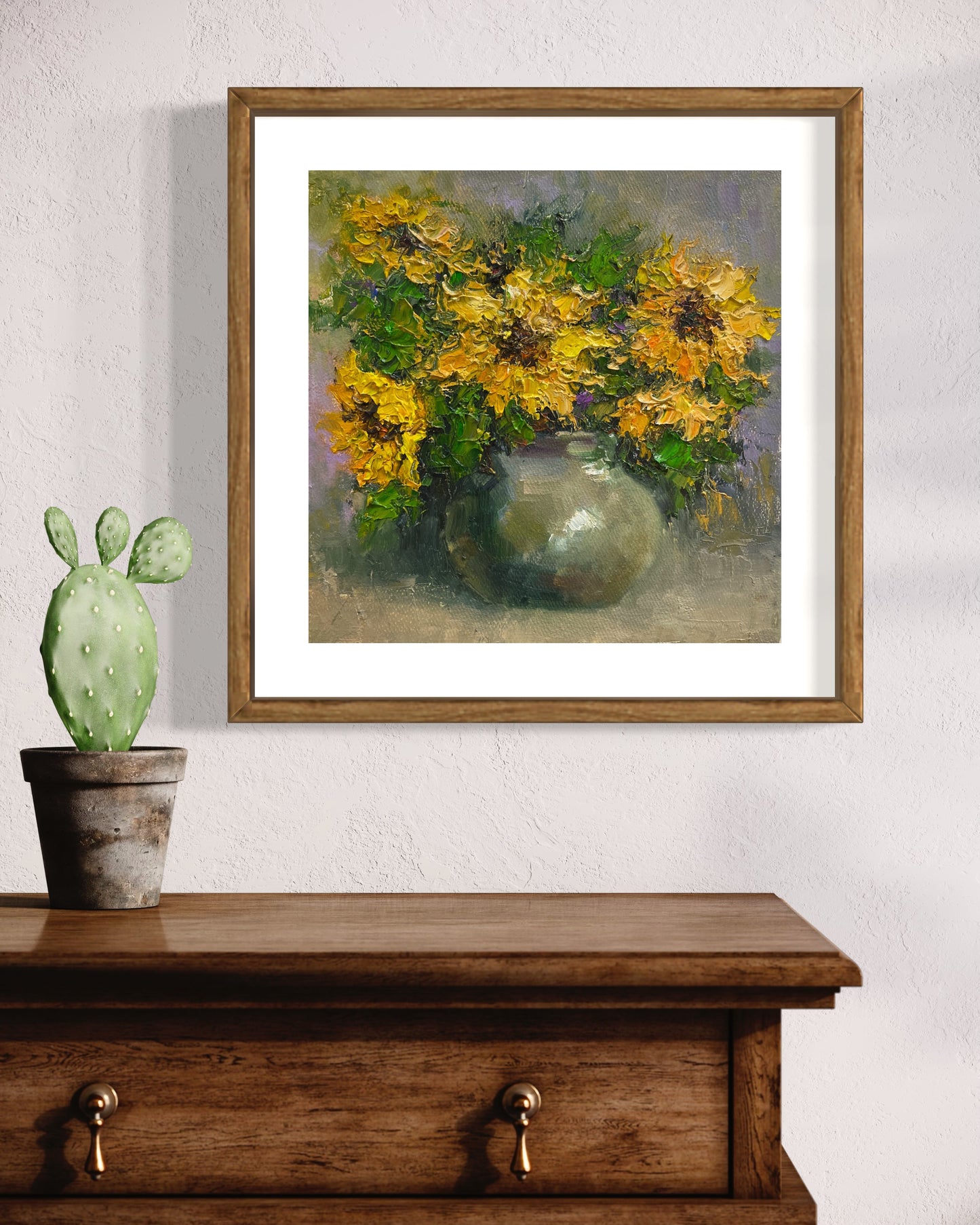 Bright Yellow Flowers in Ceramic Vase Oil Painting