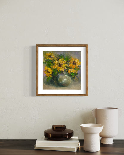 Bright Yellow Flowers in Ceramic Vase Oil Painting