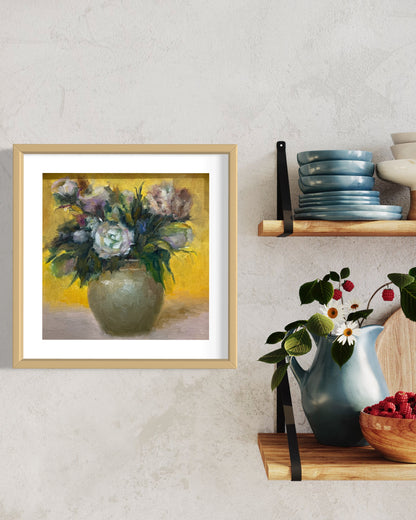 Elegant White Flowers in Brown Vase Oil Painting