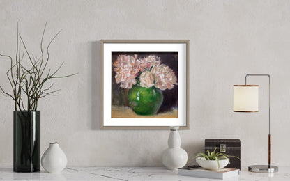 Soft Pink Flowers in Green Vase Oil Painting