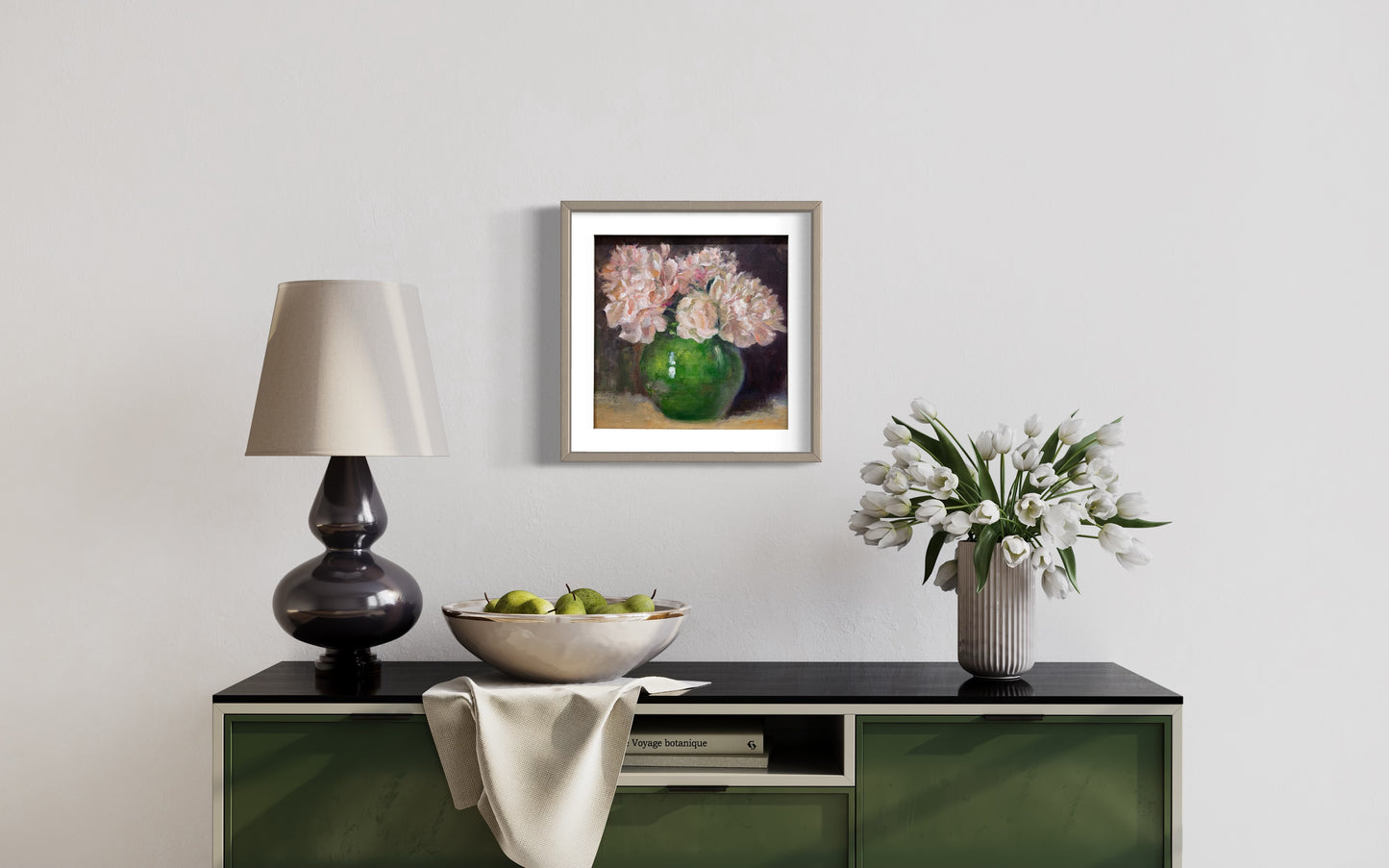 Soft Pink Flowers in Green Vase Oil Painting