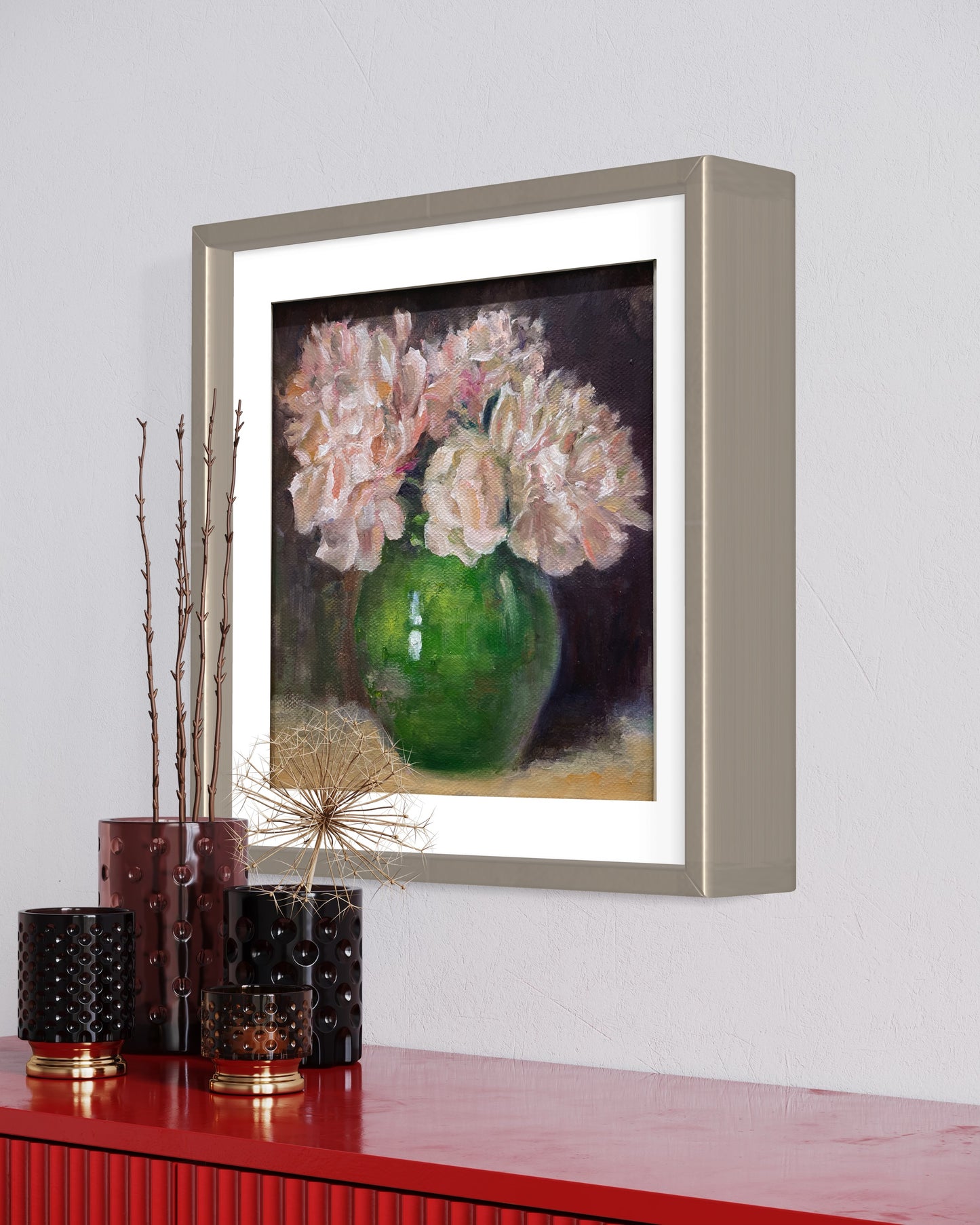 Soft Pink Flowers in Green Vase Oil Painting