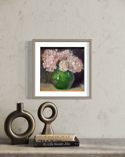 Soft Pink Flowers in Green Vase Oil Painting