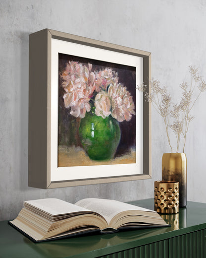 Soft Pink Flowers in Green Vase Oil Painting