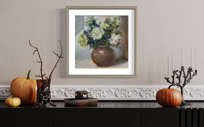 Lush White Blossoms in Green Vase Oil Painting