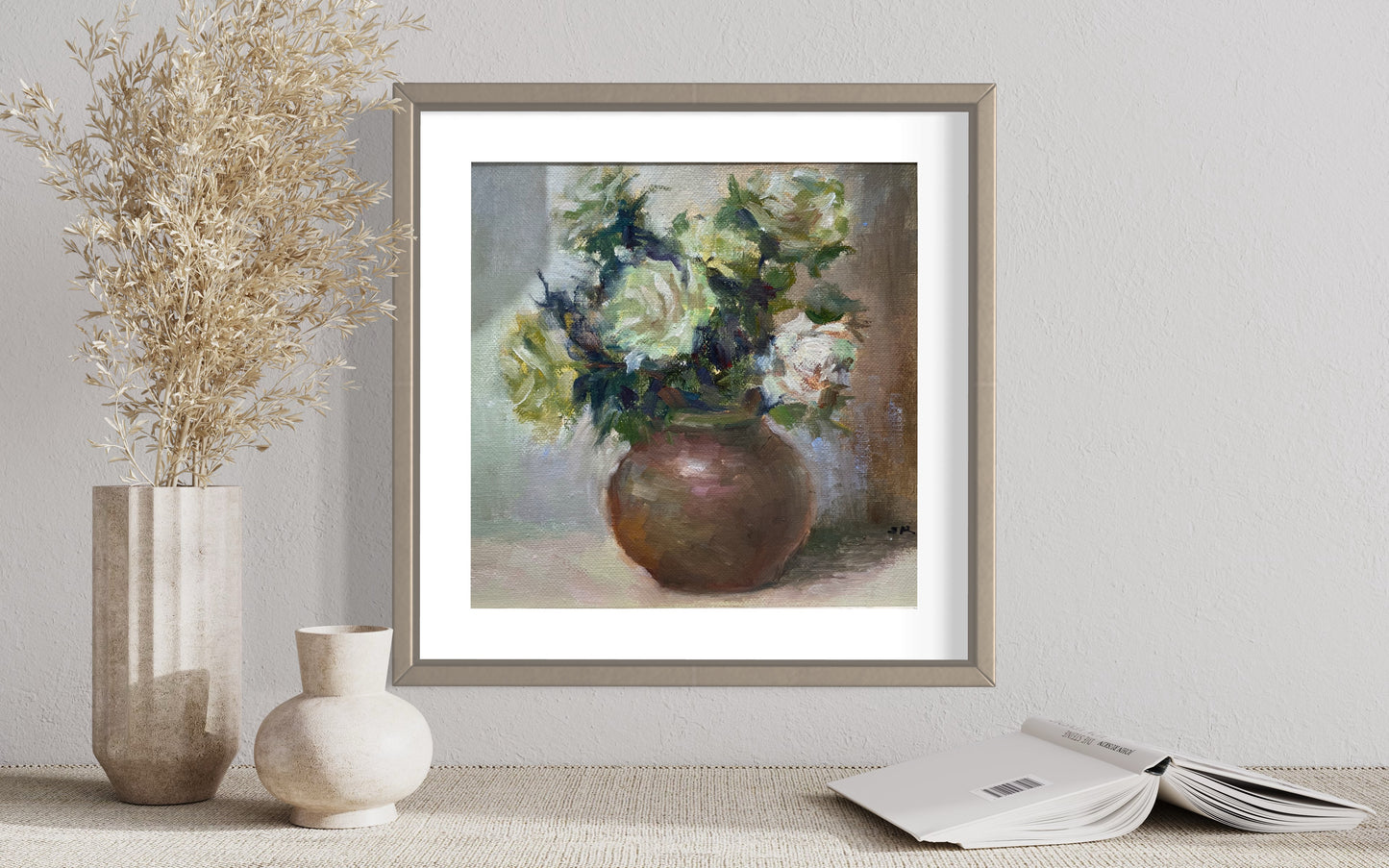 Lush White Blossoms in Green Vase Oil Painting