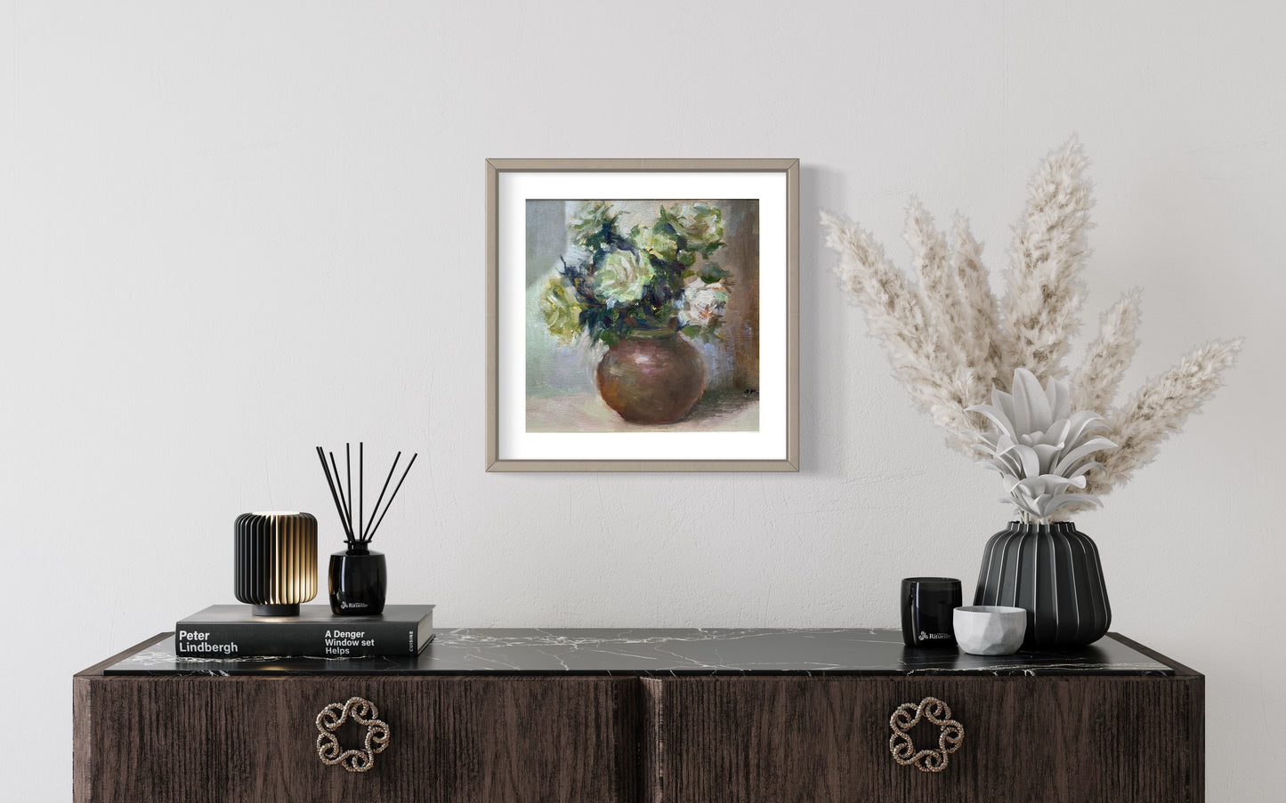 Lush White Blossoms in Green Vase Oil Painting