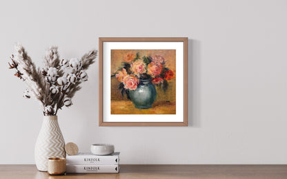 Vintage Pink Roses in Blue Vase Oil Painting