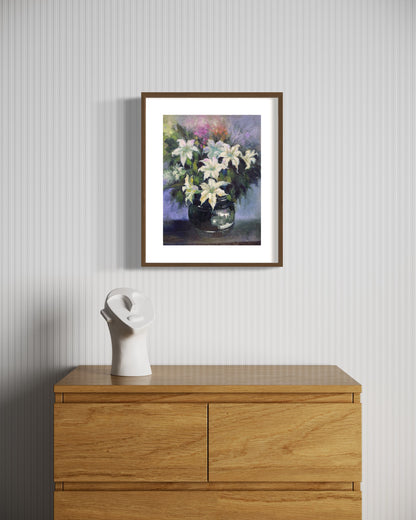 Serene White Lilies in Dark Vase Oil Painting