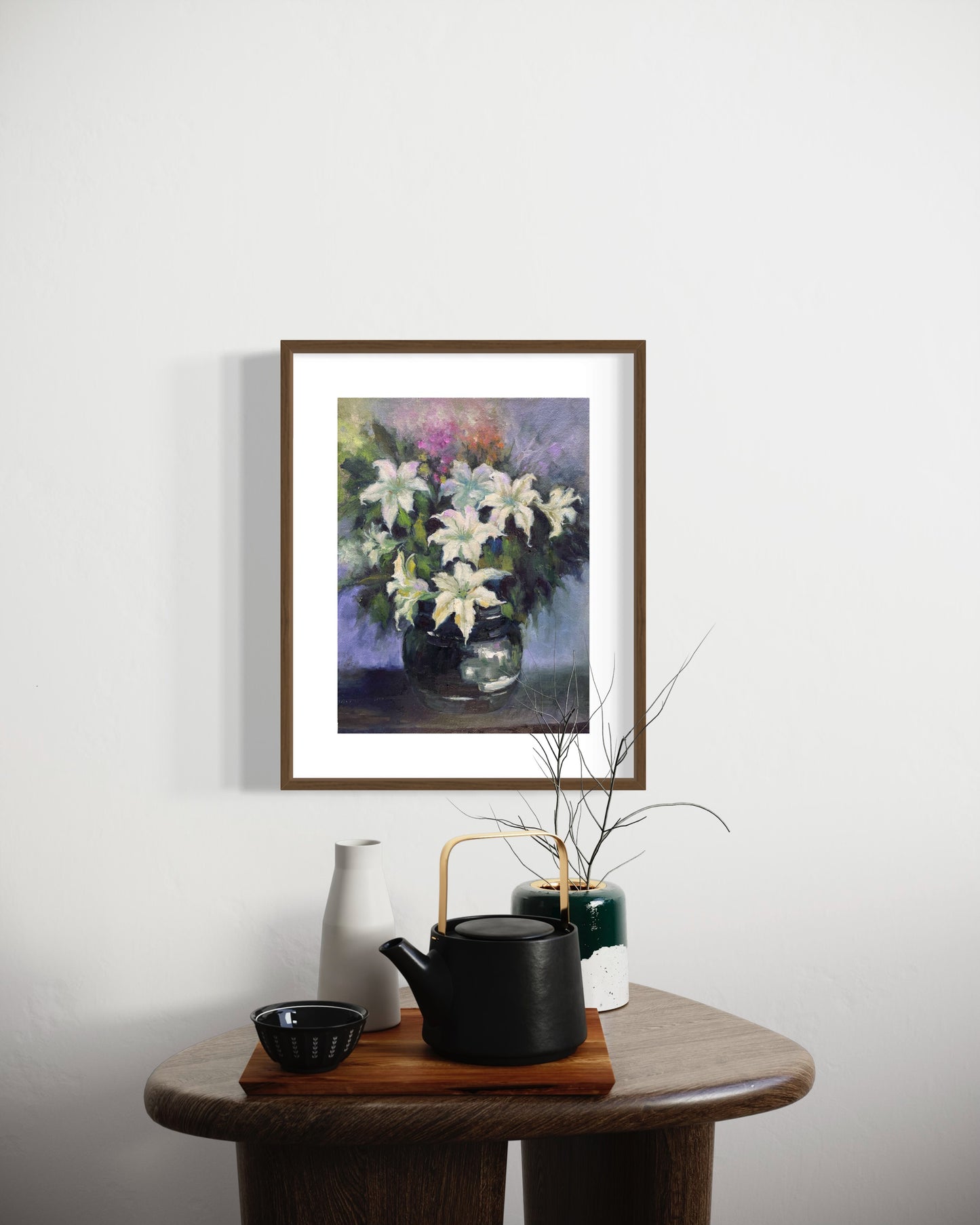 Serene White Lilies in Dark Vase Oil Painting