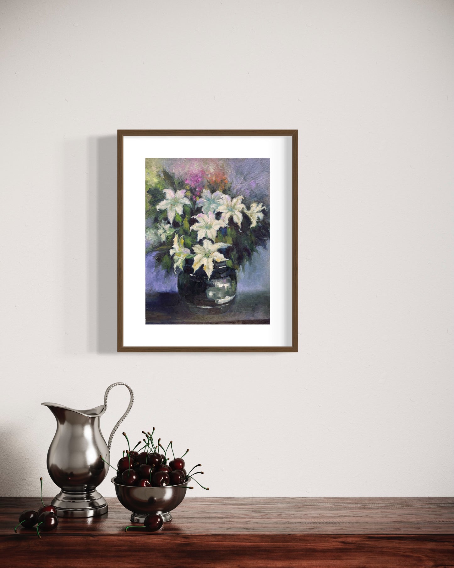 Serene White Lilies in Dark Vase Oil Painting