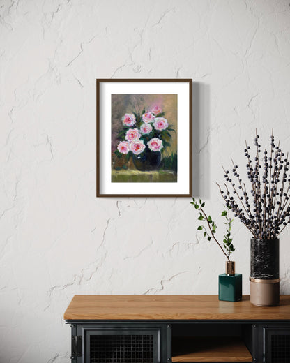 Charming Pink Peonies in Dark Vase Oil Painting