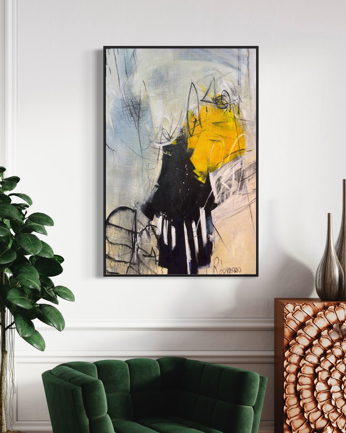 Original White Yellow Black Abstract Paintings On Canvas Fine Art by hand | Living Room Wall Art