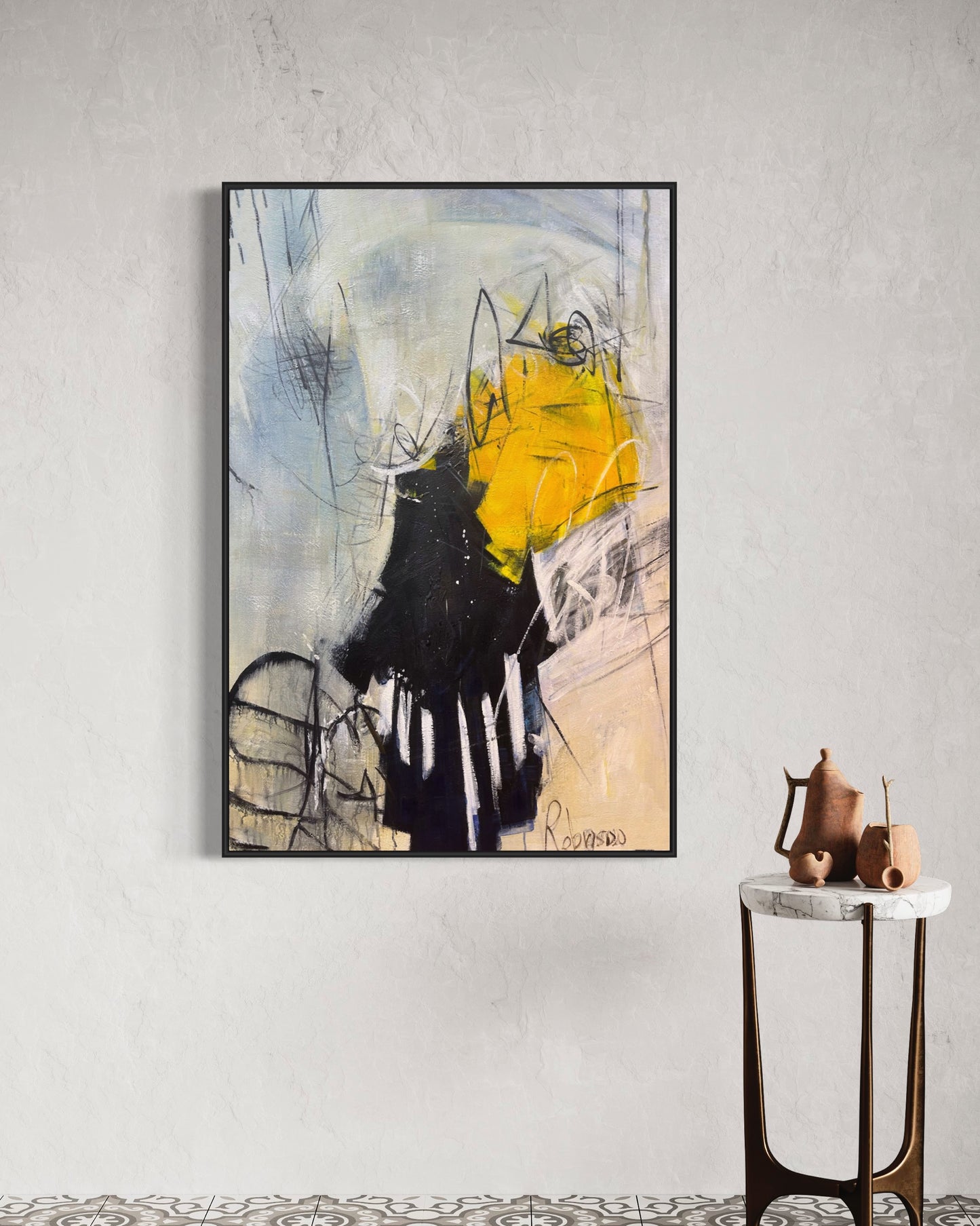 Original White Yellow Black Abstract Paintings On Canvas Fine Art by hand | Living Room Wall Art