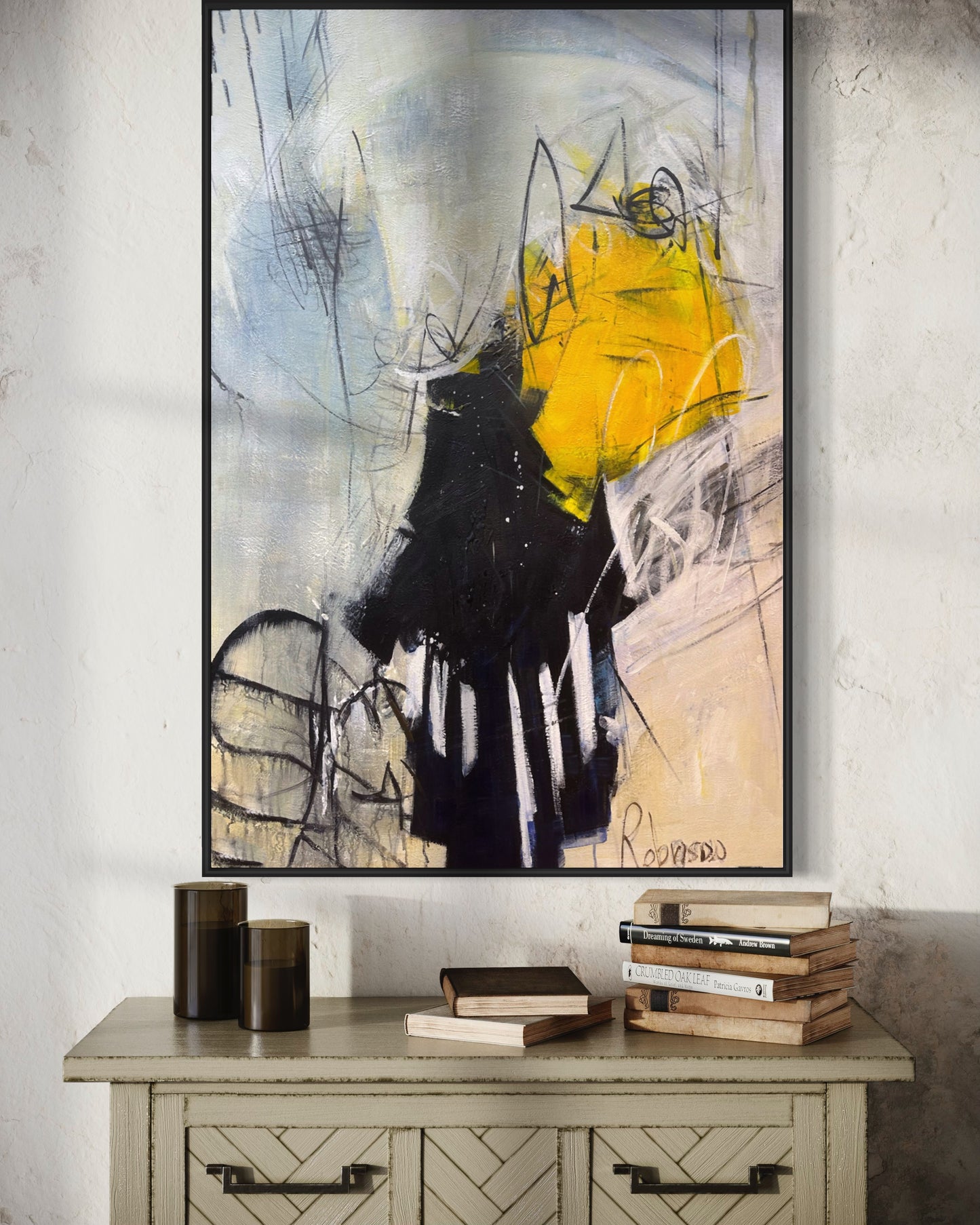 Original White Yellow Black Abstract Paintings On Canvas Fine Art by hand | Living Room Wall Art