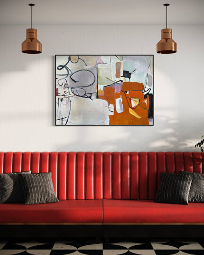 Original White Red with Lines Abstract Paintings On Canvas Living Room Wall Art