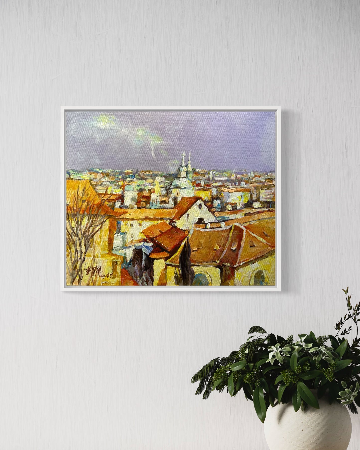 Charming Cityscape Oil Painting of Rooftops