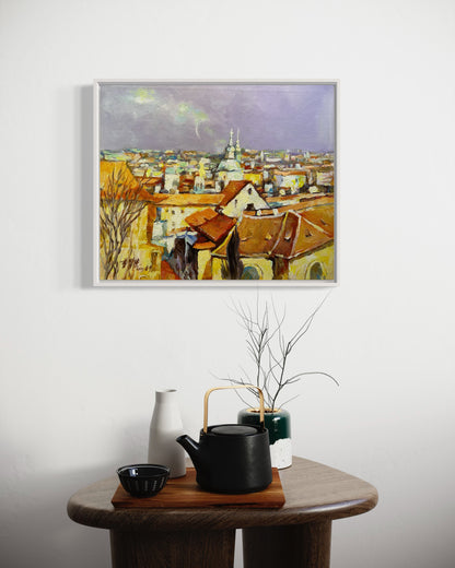 Charming Cityscape Oil Painting of Rooftops